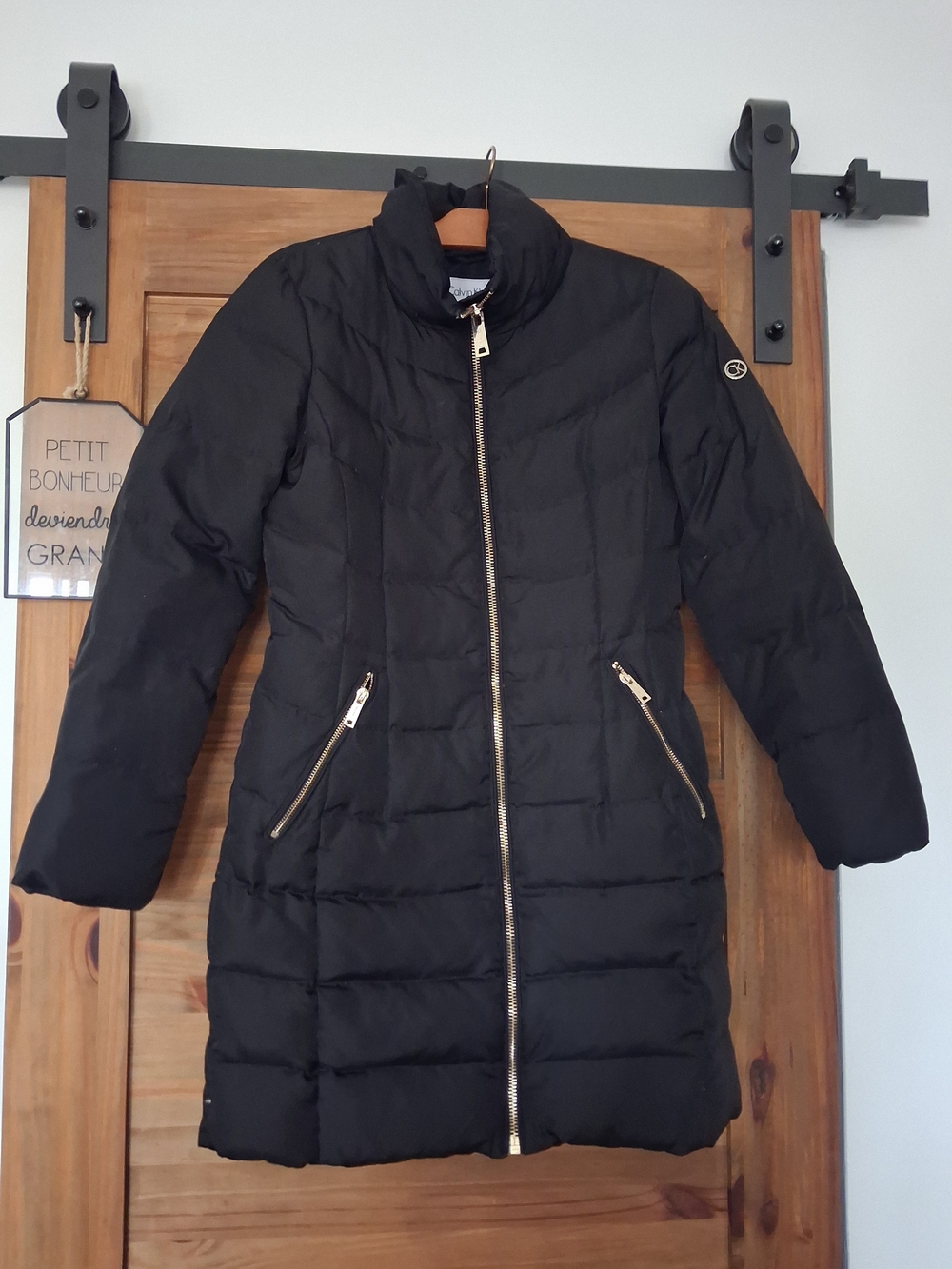 Calvin Klein Black Quilted Long Puffer Coat with Gold Zippers Fits S & XS
